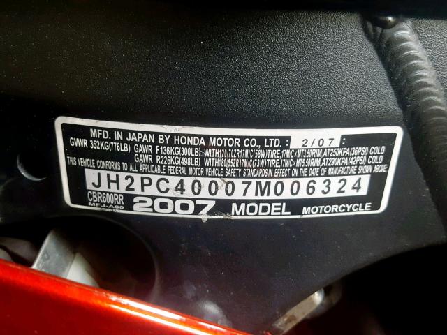 JH2PC40007M006324 - 2007 HONDA CBR600 RR RED photo 10