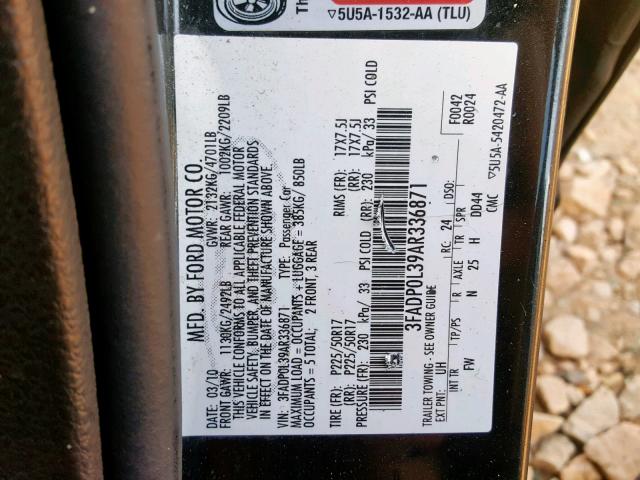 3FADP0L39AR336871 - 2010 FORD FUSION HYB BLACK photo 10