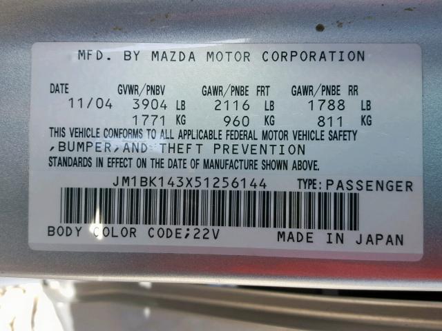 JM1BK143X51256144 - 2005 MAZDA 3 HATCHBAC SILVER photo 10