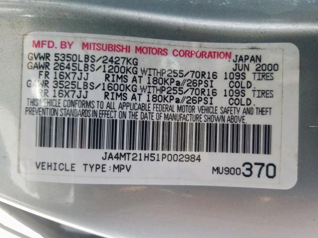 JA4MT21H51P002984 - 2001 MITSUBISHI MONTERO SPORT ES  photo 10