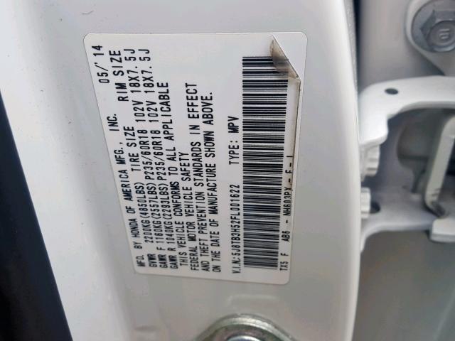 5J8TB3H52FL001622 - 2015 ACURA RDX TECHNO WHITE photo 10