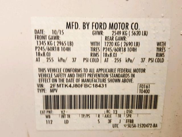 2FMTK4J80FBC18431 - 2015 FORD EDGE SEL WHITE photo 10