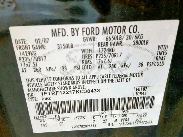 1FTRF12217KC38433 - 2007 FORD F150 BLACK photo 10