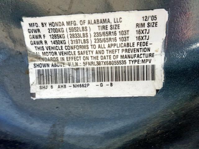 5FNRL387X6B055535 - 2006 HONDA ODYSSEY EX BLUE photo 10