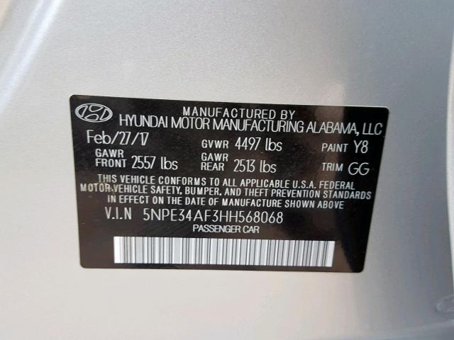 5NPE34AF3HH568068 - 2017 HYUNDAI SONATA SPO SILVER photo 10