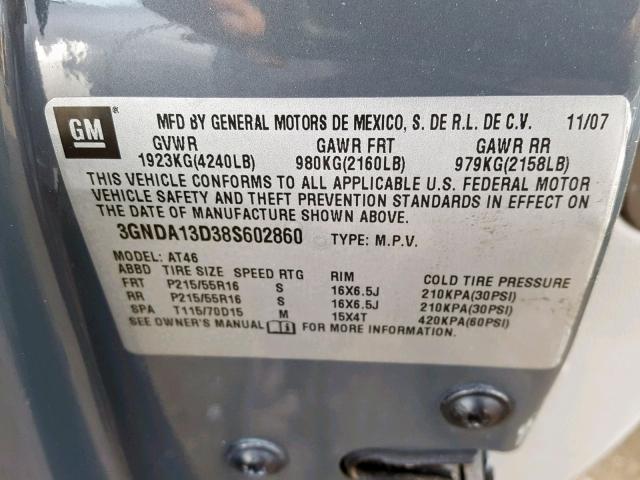 3GNDA13D38S602860 - 2008 CHEVROLET HHR LS GRAY photo 10