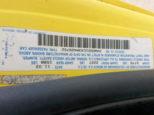 3VWDD21C43M429702 - 2003 VOLKSWAGEN NEW BEETLE ყვითელი ფოტო 10