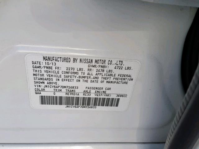 JN1CV6AP7DM724833 - 2013 INFINITI G37 BASE WHITE photo 10