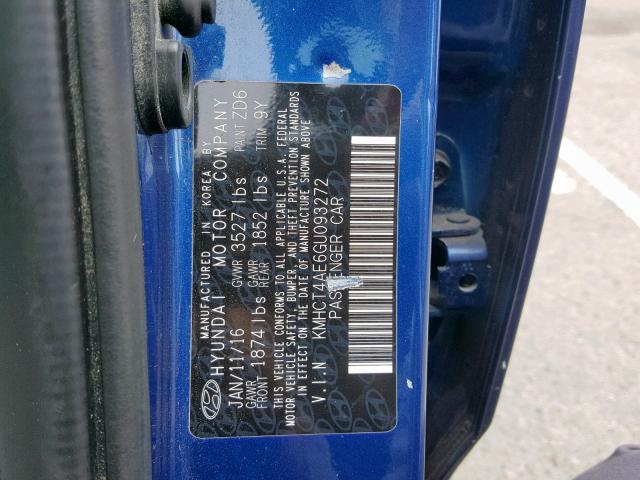 KMHCT4AE6GU093272 - 2016 HYUNDAI ACCENT SE BLUE photo 10