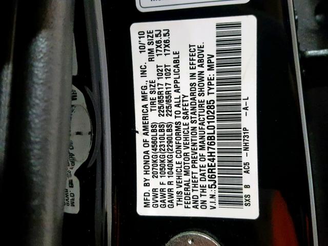 5J6RE4H76BL010285 - 2011 HONDA CR-V EXL BLACK photo 11