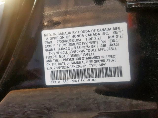 2HNYD2H29AH524912 - 2010 ACURA MDX BLACK photo 10