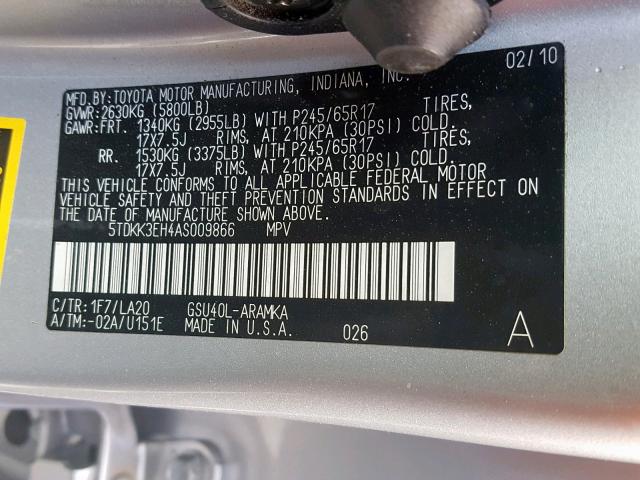 5TDKK3EH4AS009866 - 2010 TOYOTA HIGHLANDER SILVER photo 10