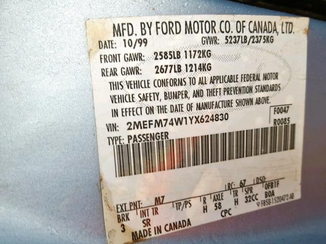 2MEFM74W1YX624830 - 2000 MERCURY GRAND MARQ BLUE photo 10