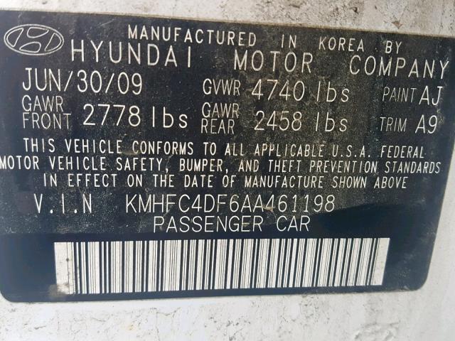 KMHFC4DF6AA461198 - 2010 HYUNDAI AZERA GLS WHITE photo 10