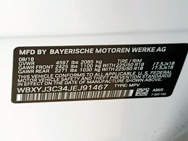 WBXYJ3C34JEJ91467 - 2018 BMW X2 SDRIVE2 WHITE photo 10