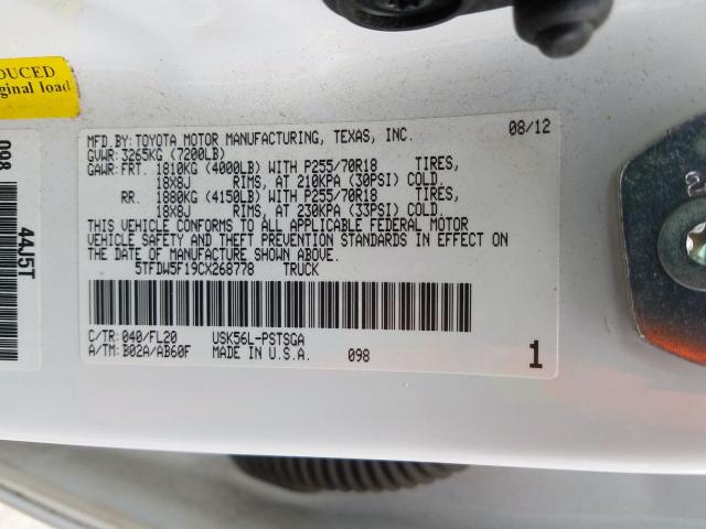 5TFDW5F19CX268778 - 2012 TOYOTA TUNDRA CREWMAX SR5  photo 10