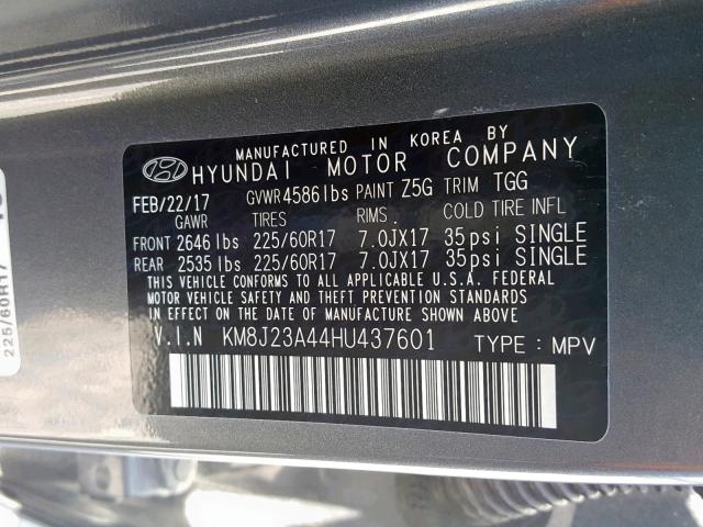 KM8J23A44HU437601 - 2017 HYUNDAI TUCSON SE GRAY photo 10