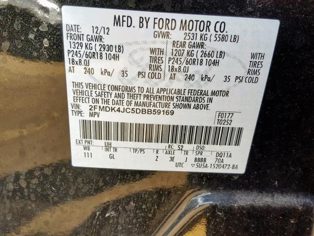 2FMDK4JC5DBB59169 - 2013 FORD EDGE SEL BLACK photo 10