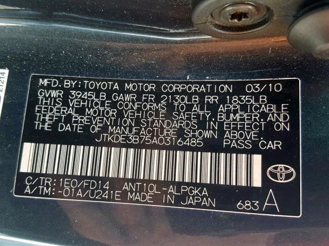 JTKDE3B75A0316485 - 2010 TOYOTA SCION TC CHARCOAL photo 10