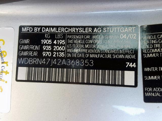 WDBRN47J42A368353 - 2002 MERCEDES-BENZ C 230K SPO SILVER photo 10