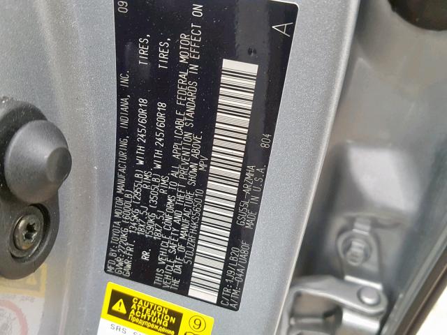 5TDJZRFH4KS565010 - 2019 TOYOTA HIGHLANDER GRAY photo 10