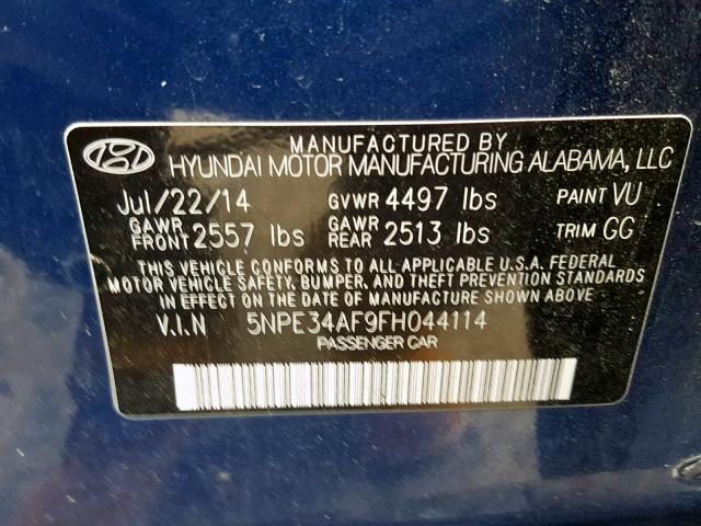 5NPE34AF9FH044114 - 2015 HYUNDAI SONATA SPO BLUE photo 10