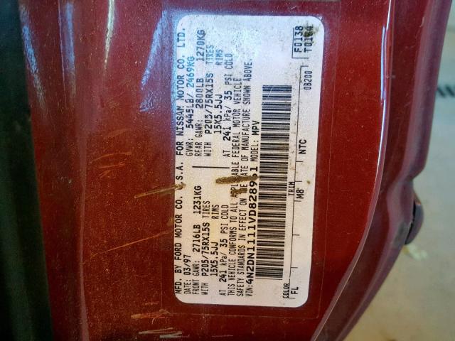 4N2DN1111VD828961 - 1997 NISSAN QUEST XE RED photo 10