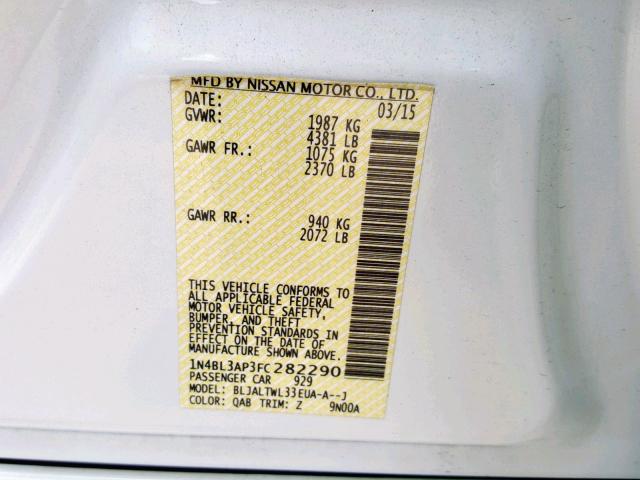 1N4BL3AP3FC282290 - 2015 NISSAN ALTIMA 3.5 WHITE photo 10