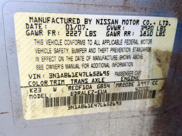 3N1AB61E47L652695 - 2007 NISSAN SENTRA 2.0 SILVER photo 10