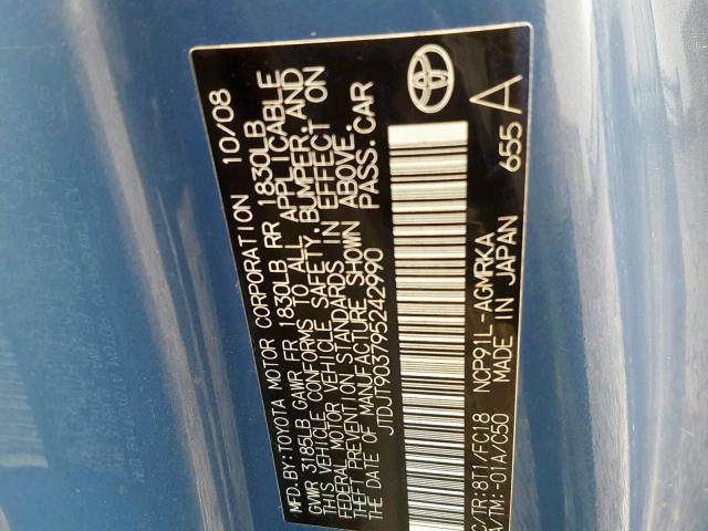 JTDJT903795242990 - 2009 TOYOTA YARIS BLUE photo 10