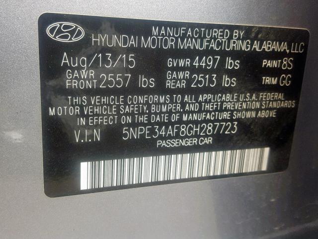 5NPE34AF8GH287723 - 2016 HYUNDAI SONATA SPO SILVER photo 10