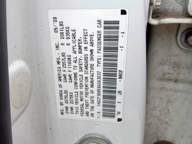 1HGCP36859A043037 - 2009 HONDA ACCORD EXL WHITE photo 10