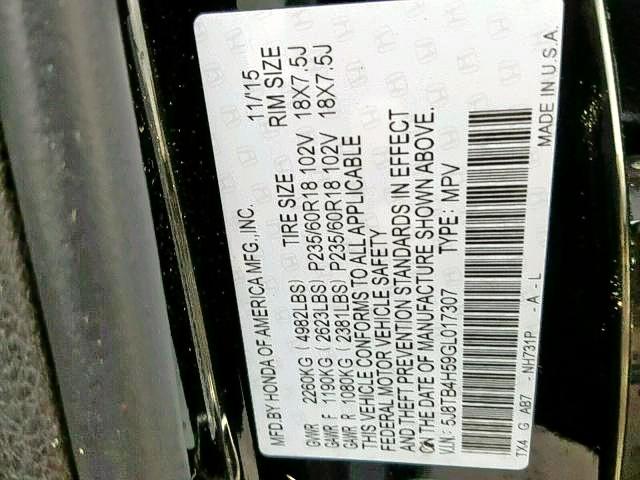 5J8TB4H59GL017307 - 2016 ACURA RDX TECHNO BLACK photo 10