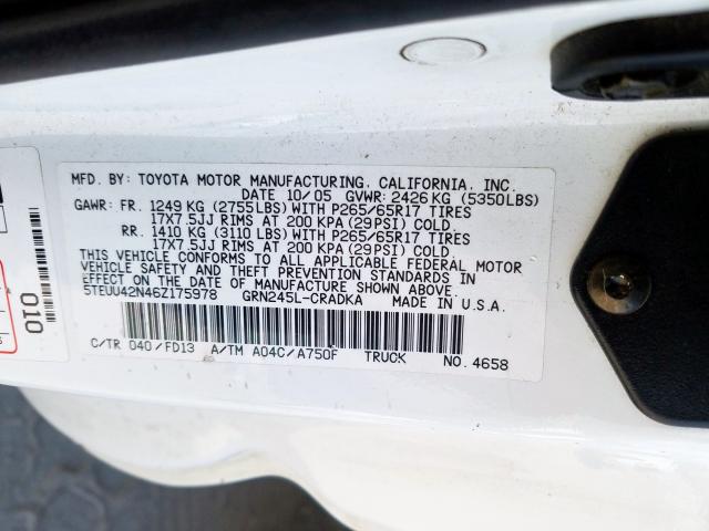 5TEUU42N46Z175978 - 2006 TOYOTA TACOMA ACCESS CAB  ფოტო 10