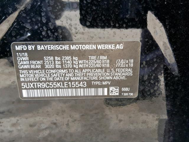 5UXTR9C55KLE15543 - 2019 BMW X3 XDRIVE3 BLACK photo 10