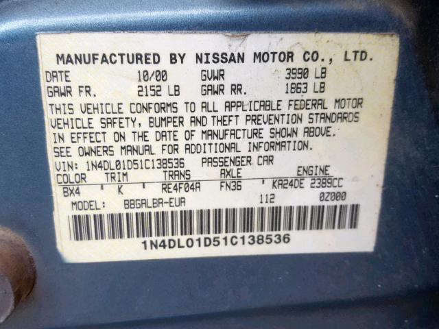 1N4DL01D51C138536 - 2001 NISSAN ALTIMA XE TEAL photo 10