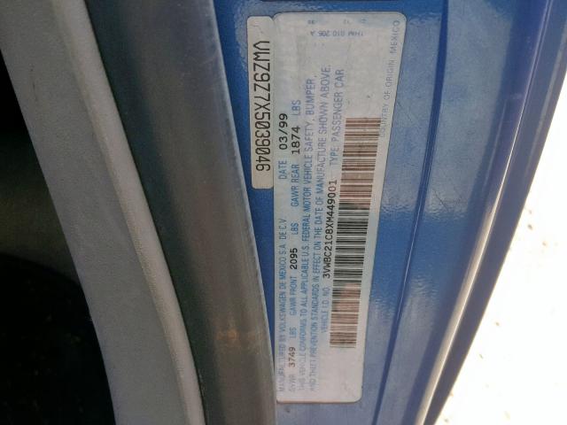 3VWBC21C8XM449001 - 1999 VOLKSWAGEN NEW BEETLE Mavi foto 10