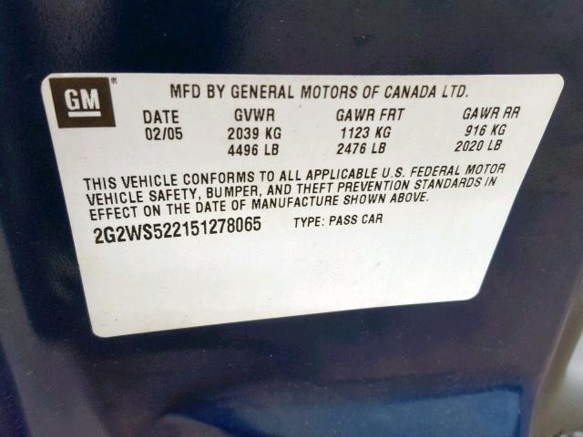 2G2WS522151278065 - 2005 PONTIAC GRAND PRIX 蓝色 照片 10