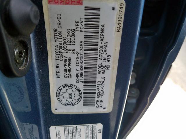 JTDBE32K420012455 - 2002 TOYOTA CAMRY LE  photo 10