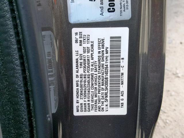 5FNRL5H30GB140264 - 2016 HONDA ODYSSEY SE CHARCOAL photo 10