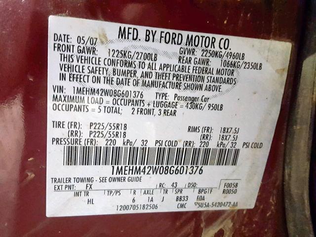 1MEHM42W08G601376 - 2008 MERCURY SABLE PREM RED photo 10