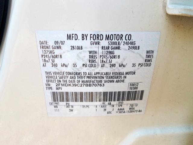 2FMDK39C27BB70763 - 2007 FORD EDGE SEL PLUS  photo 10