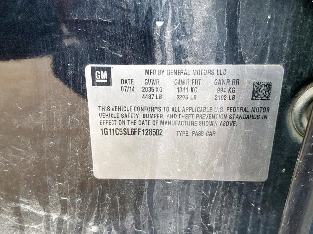 1G11C5SL6FF128502 - 2015 CHEVROLET MALIBU 1LT შავი ფოტო 10