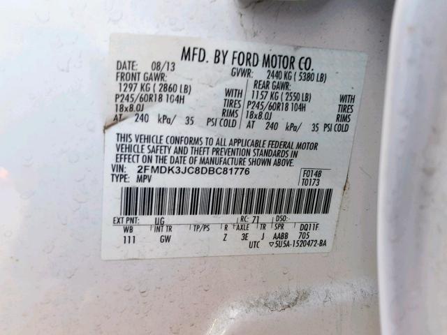 2FMDK3JC8DBC81776 - 2013 FORD EDGE SEL WHITE photo 10