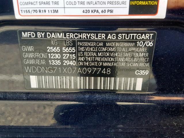 WDDNG71X07A097748 - 2007 MERCEDES-BENZ S 550 BLUE photo 10