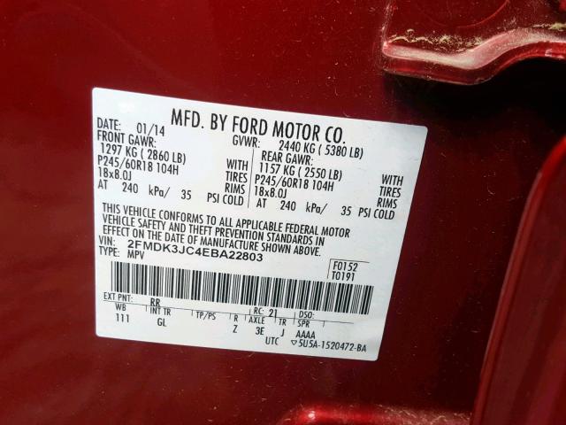 2FMDK3JC4EBA22803 - 2014 FORD EDGE SEL RED photo 10