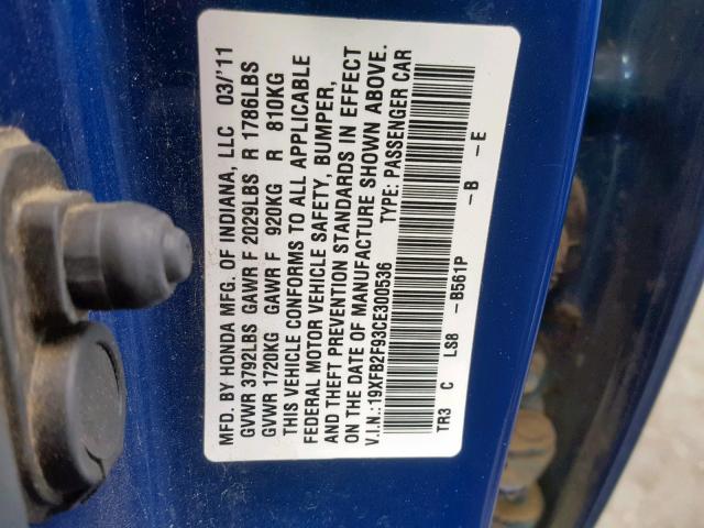 19XFB2F93CE300536 - 2012 HONDA CIVIC EXL BLUE photo 10