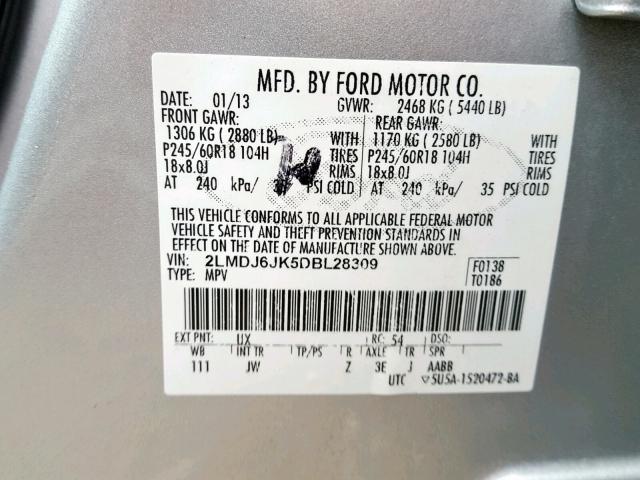 2LMDJ6JK5DBL28309 - 2013 LINCOLN MKX SILVER photo 10