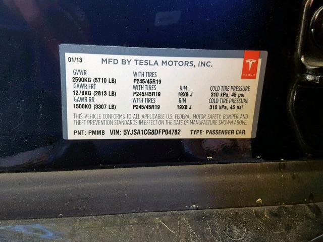 5YJSA1CG8DFP04782 - 2013 TESLA MODEL S BLUE photo 10