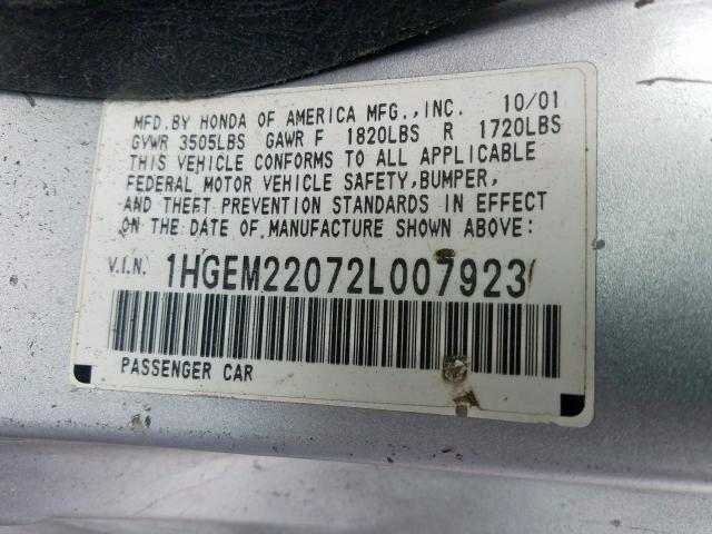 1HGEM22072L007923 - 2002 HONDA CIVIC EX  photo 10